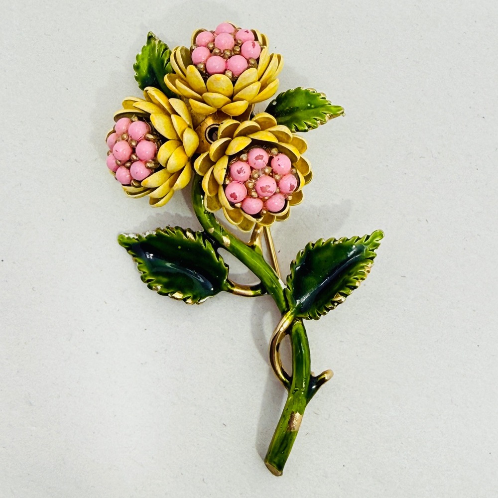 Vintage Enamel Flower Brooch Yellow Pink Green Floral Mid Century Botanical 3"‎